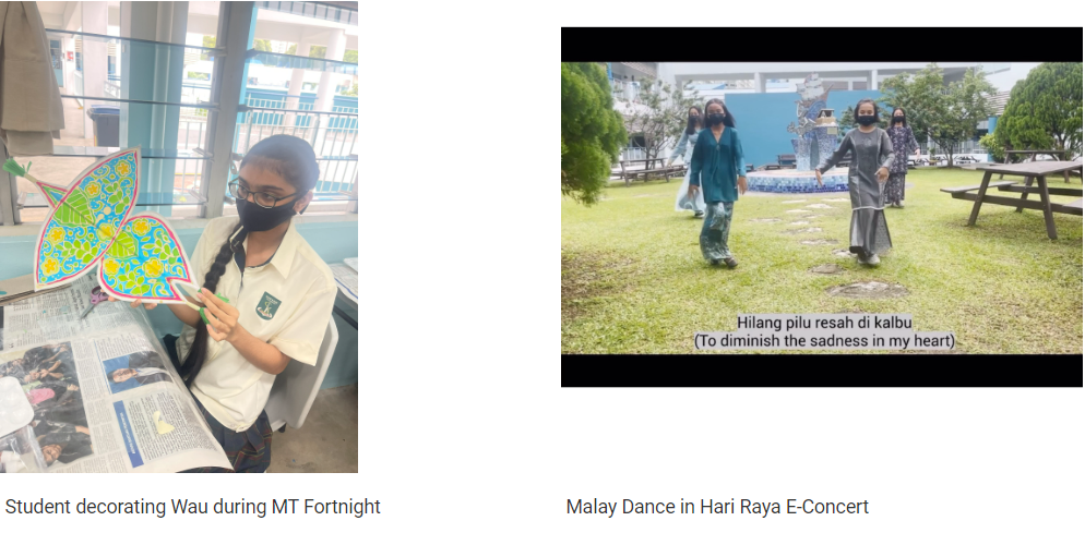 Two side-by-side photos: a student holding a decorated kite, and three people in traditional Malay attire dancing outdoors.